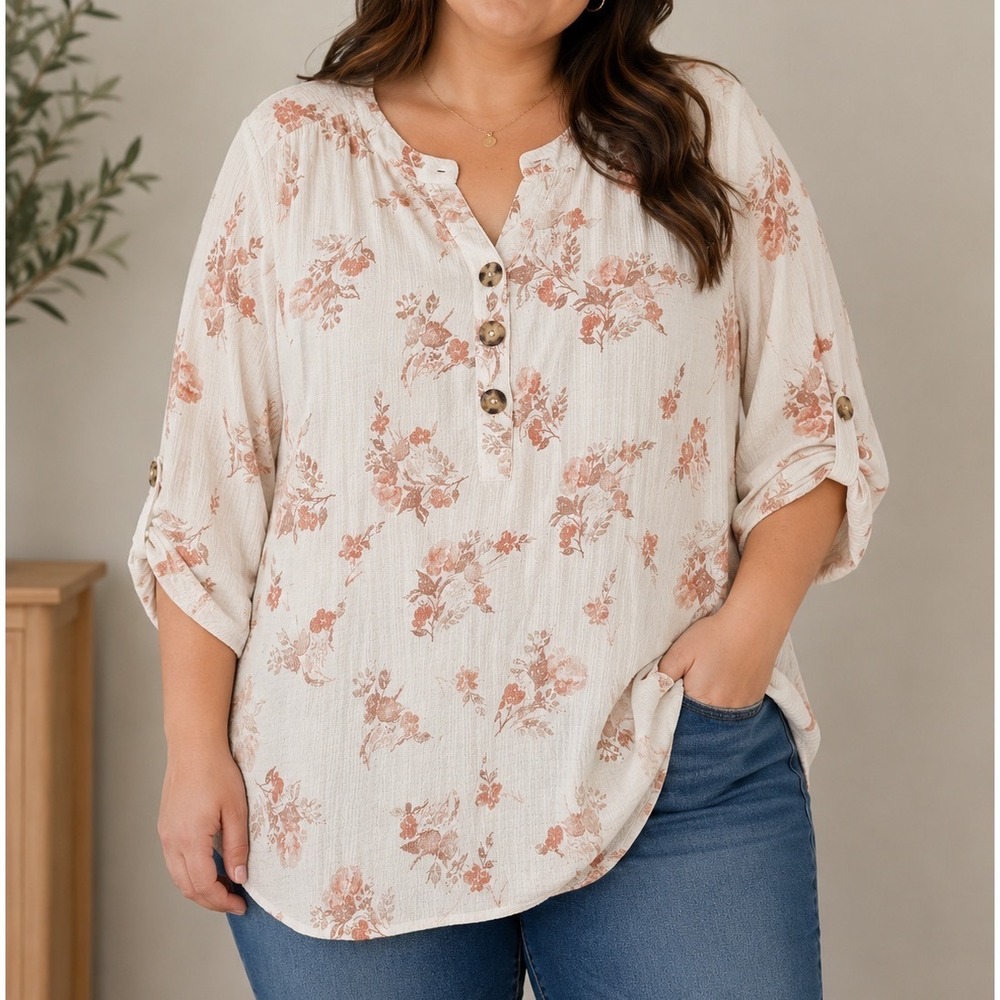 Vintage Como 2X Floral Henley Blouse Boho Cottagecore Plus Size Rayon Blend Top